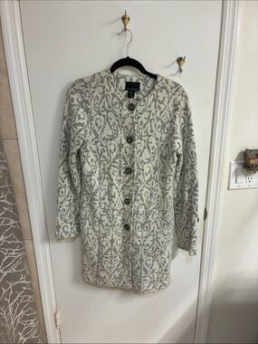 Cynthia Rowley Cream and Gray Patterned Wool Blend Pea Coat Sz M
